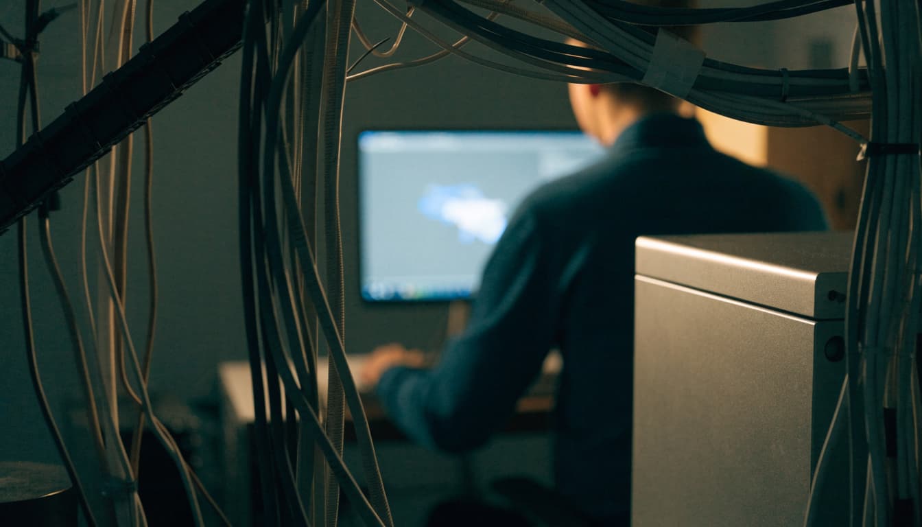 A technician viewed from behind in a server room looking at a monitor through hanging cables.