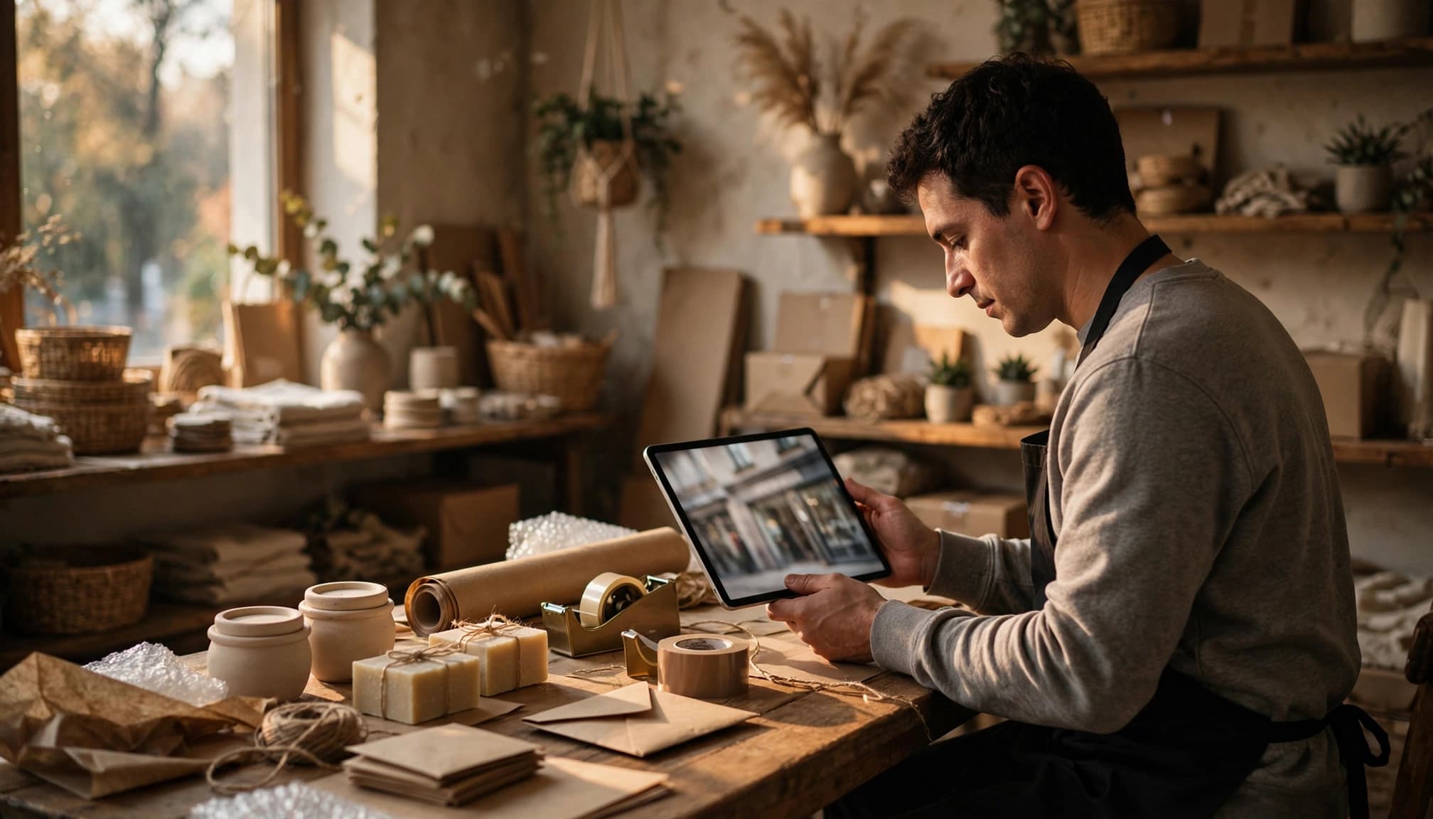 A shop owner arranges products beside a tablet on a packing table.
