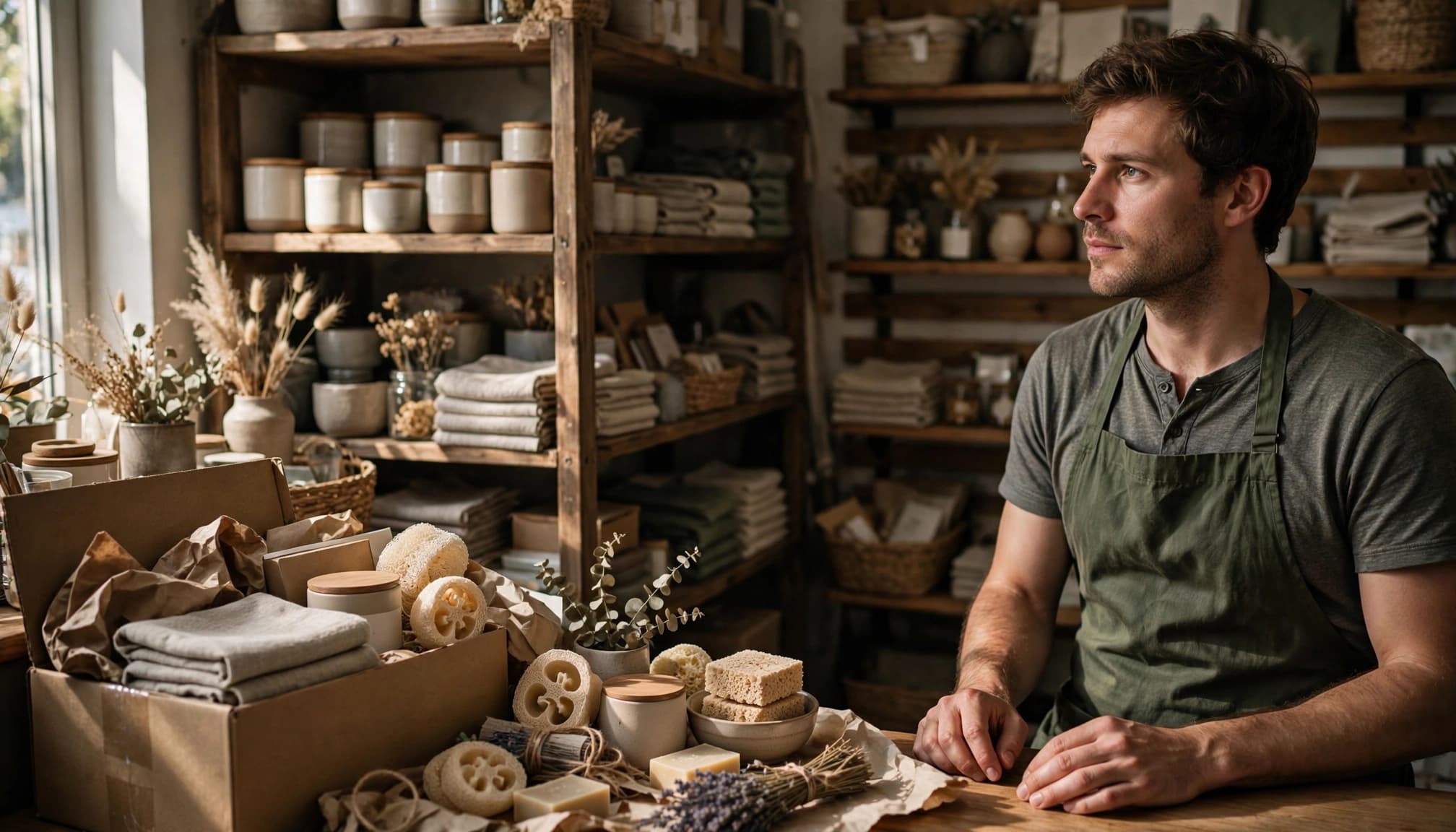 A shop owner in an apron looks out a window in a shop filled with shelves of home goods.