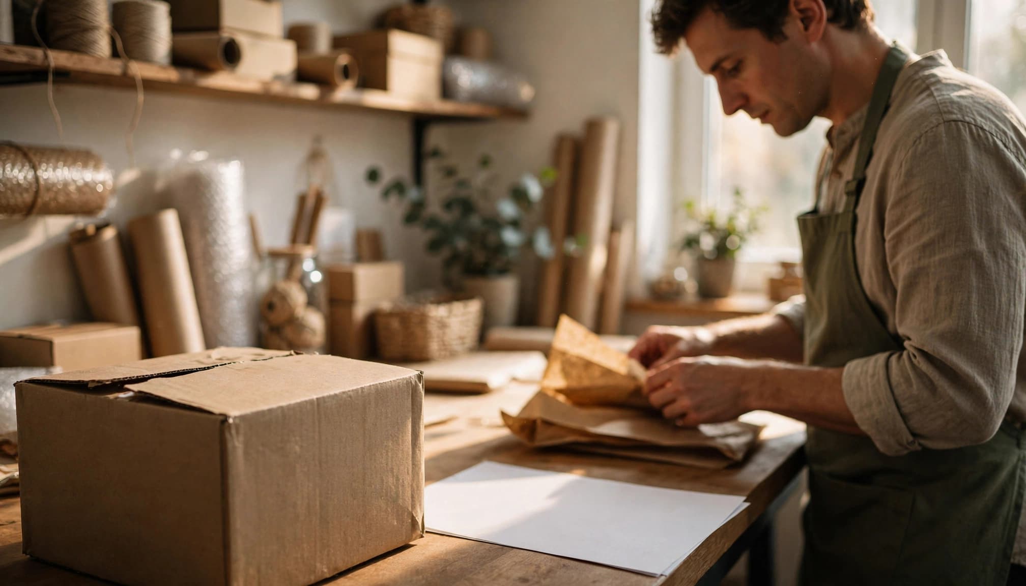 A man in an apron packing a cardboard box on a wooden desk.