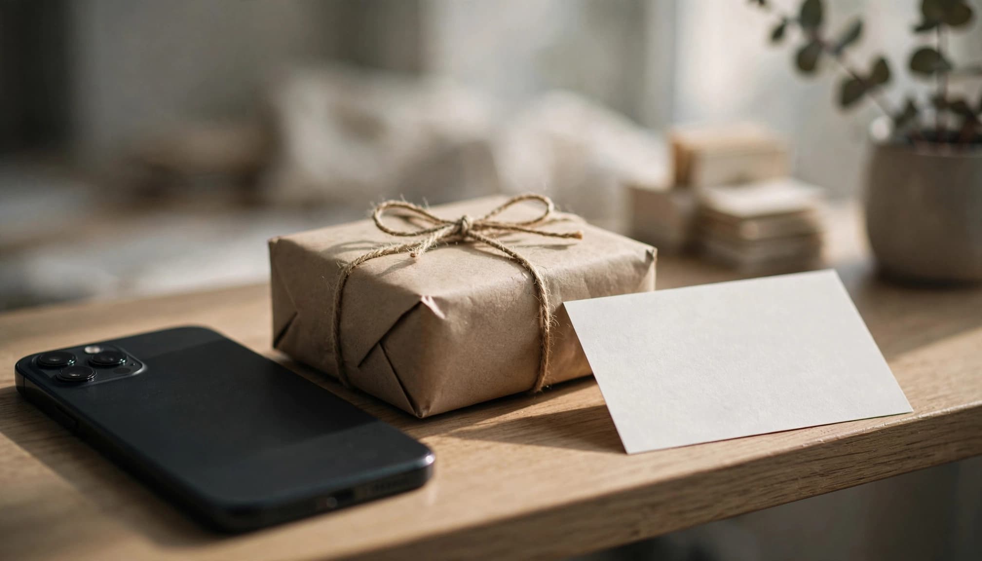 A smartphone, wrapped parcel, and blank card on a wooden shelf in soft morning light.