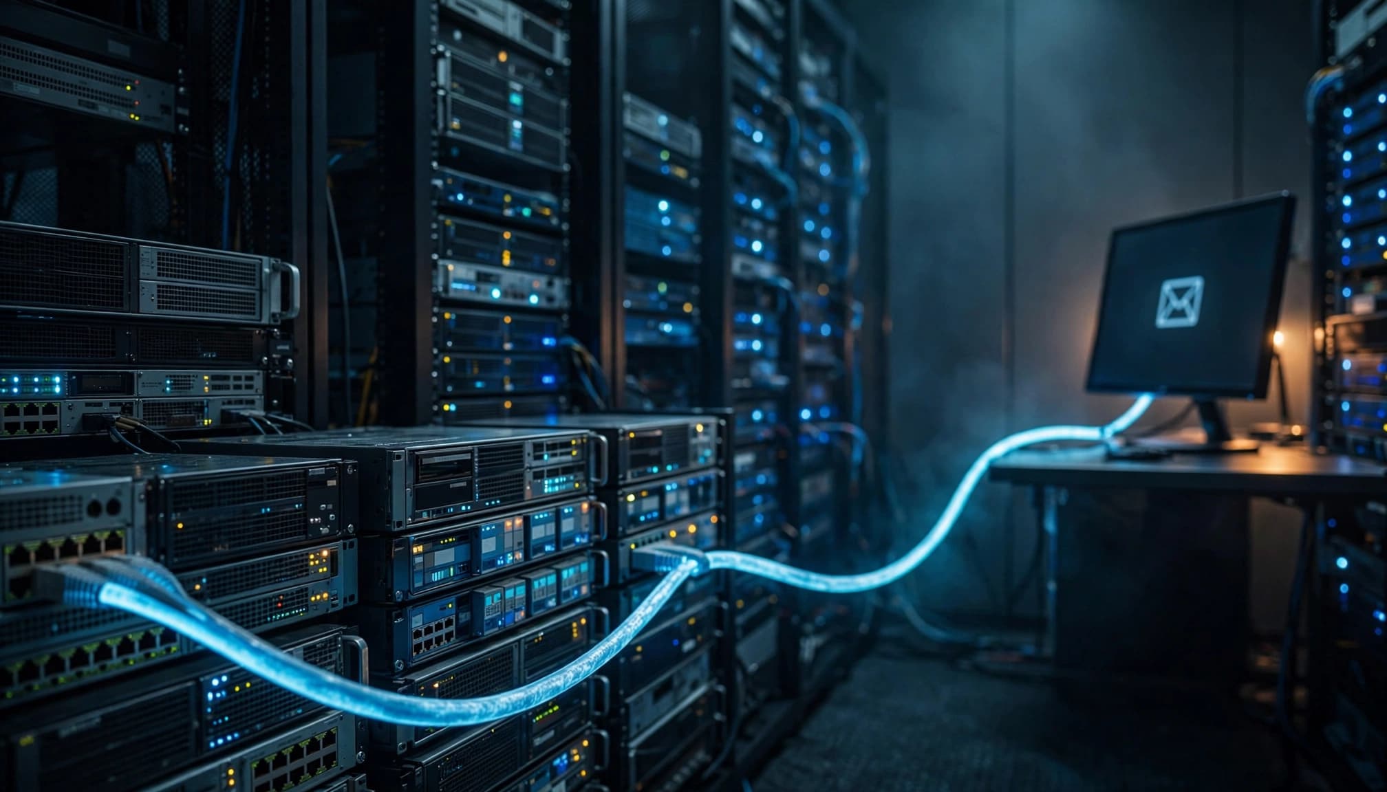 A server room with racks of equipment and a glowing blue cable connected to a monitor showing an inbox icon.