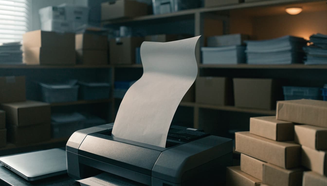 A desktop printer outputs a blank sheet of paper in a stockroom with boxes.