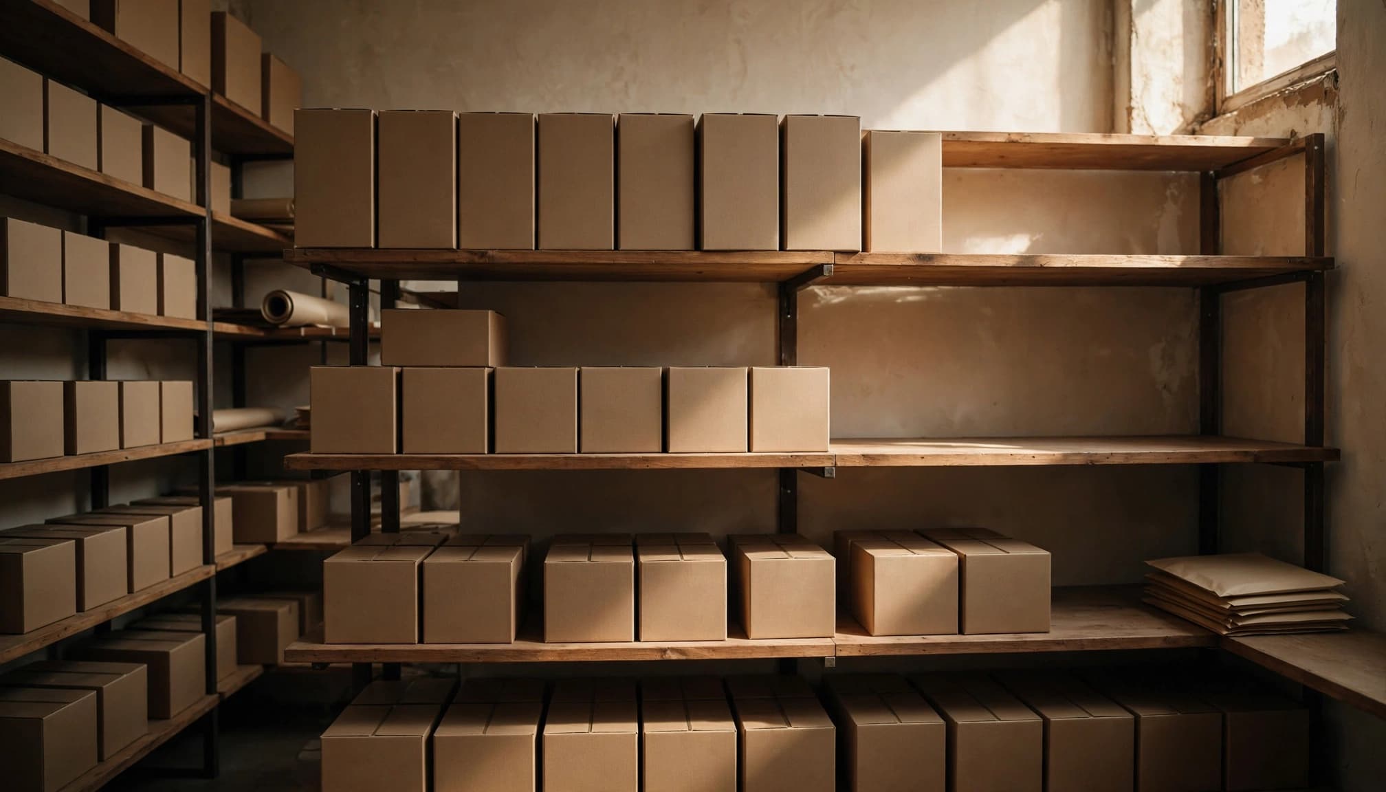A tidy online shop inventory shelf with neutral product boxes and empty spaces.