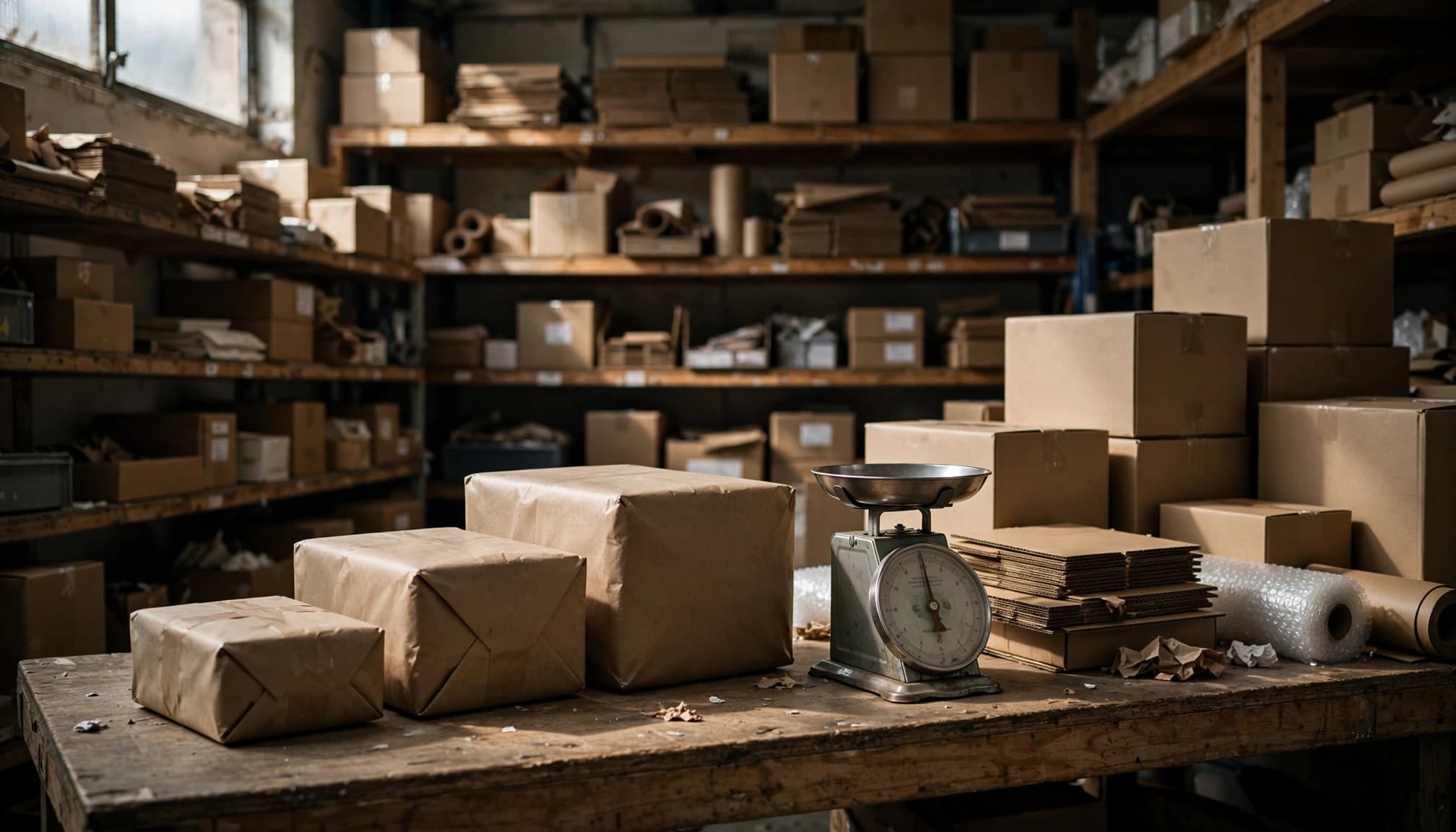 Three parcels and shipping cartons sit beside a postage scale on a warehouse bench.