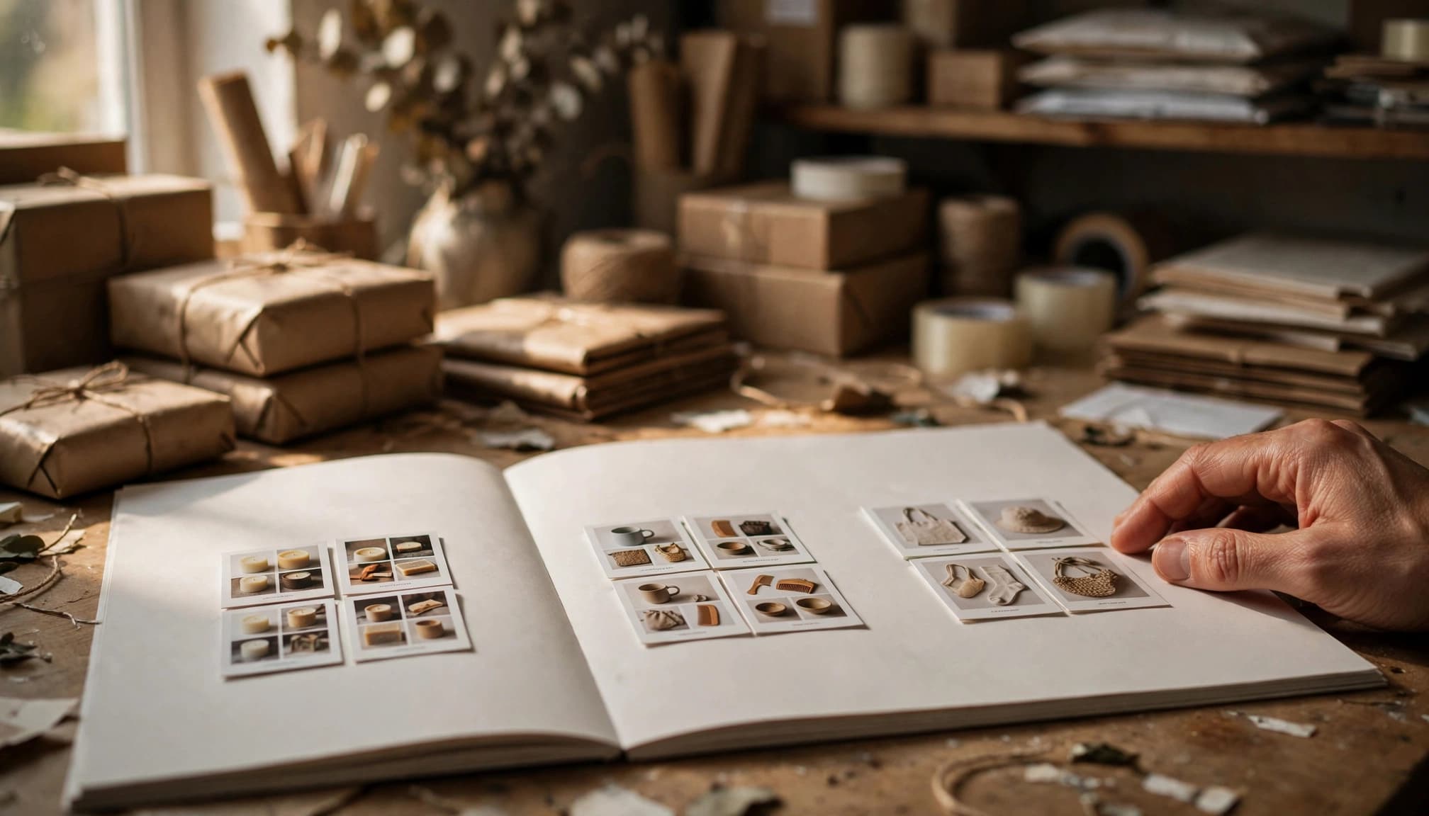 A person inspects a product catalog with small product cards arranged into categories on a wooden workbench.